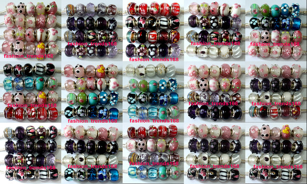 200 Pcs Mixed 925 Sterling Silver Handmade Murano Lampwork Glass Charm Beads For Pandora European Jewelry Bracelet+ 2 Leather bracelet gift