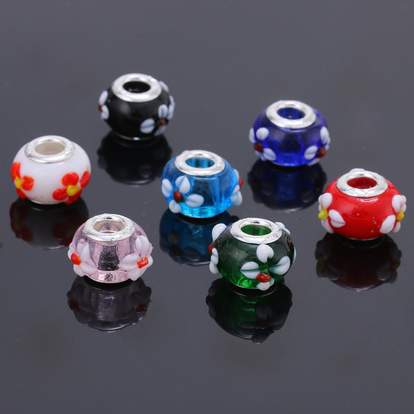 14mm DIY Flower Murano Glass Big Hole Beads Charms Fit Europe Bracelets Necklaces Accessories Jewelry Findings