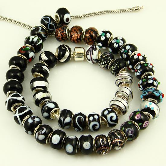 Black style murano glass beads european italian  with silver plated cores