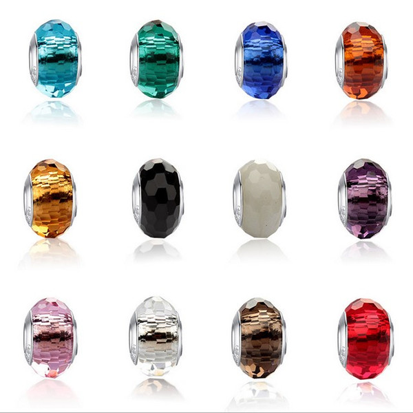 High Quality 30pcs Mixed 13 Style Crystal Glass Beads Stamped 925 Sterling Silver Core Fit European Charms Bracelet 14x9mm jewelry making