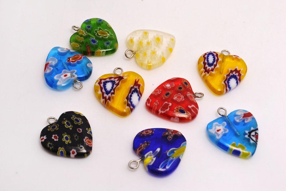 Lots Mixed Millefiori Flower Glass Heart Shape Beads Pendants Silver Plated Hook Fit Bracelets and Necklace DIY #B91