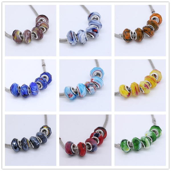 Wholesales 50pcs/Lot Mix Two Colors Murano Glass Crystal Faceted Rondelle Spacer Big Hole Charms Beads For Making European Jewelry Bracelet