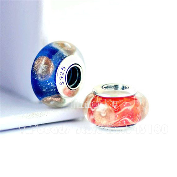 2pcs 2018 Summer 925 Sterling Silver Handmade Blue Red Gold Sand Murano Glass Beads Fits All European DIY Bracelets Necklaces