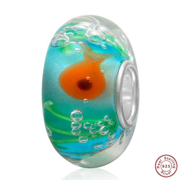 Haha Jewelry 2PCS Little Fish Swim in the Ocean Lampwork Murano Glass Charm 925 Sterling Silver Core Loose Bead Gift for Pandora Bracelet