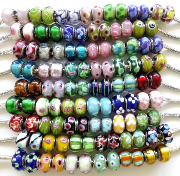 100 Pcs Mixed multi-style Handmade Lampwork Murano Glass Charm Beads For Pandora European Jewelry Bracelet lampwork beads