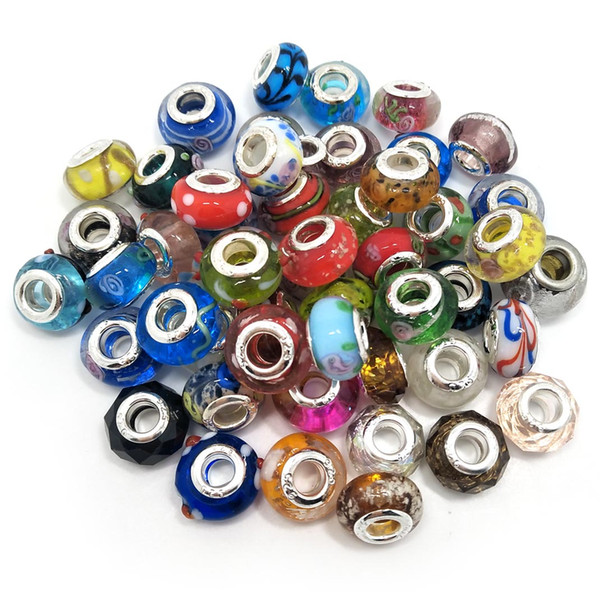 Brand New Mix Styles Glass 925 stering cord big hole loose beads fit European pandora jewelry Diy bracelet charms 50pcs per lot