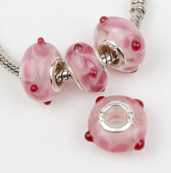 60pcs/lot New Pink Flower Murano Lampwork Glass Big Hole Beads 14X9mm fit European Charm Bracelet Jewelry DIY