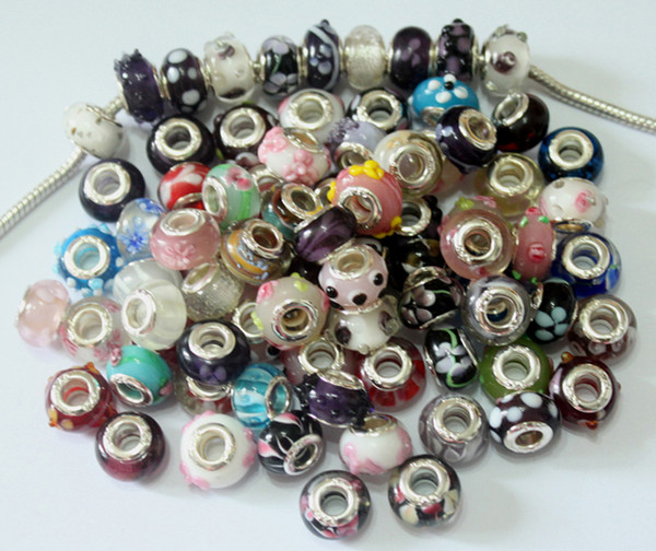 50Pcs Mixed 925 Sterling Silver Big Hole Murano Lampwork Glass Charm Beads For Pandora European Jewelry Bracelet Christmas Gifts Woman