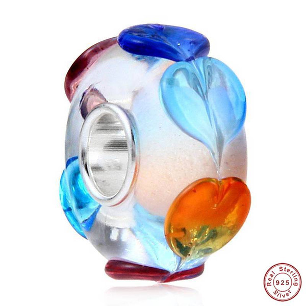 Haha Jewelry 2PCS Rainbow Heart Love Lampwork Murano Glass Charm 100% 925 Sterling Silver Core Loose Bead Gift for Pandora European Bracelet