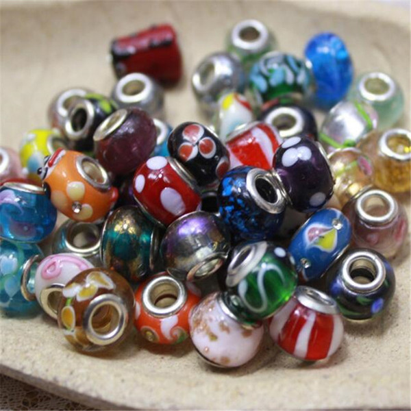 Silver Loose Bead Jewelry DHL Multicolor Murano Glass Sterling Charm Bead for European Flowers Big Hole Necklaces Bracelets Free Shipping