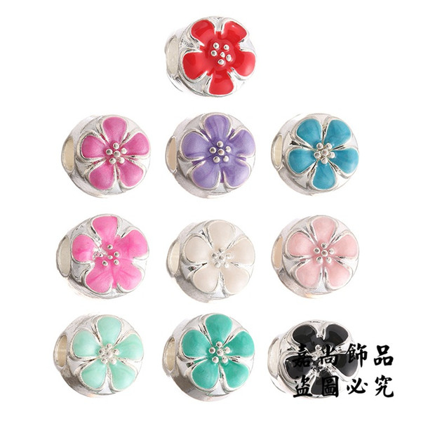 9 Colors Loose Tibetan Silver oil drip Flower Beads Charms Faceted Big Hole Spacer Big Hole Charms Beads DIY European Bracelets