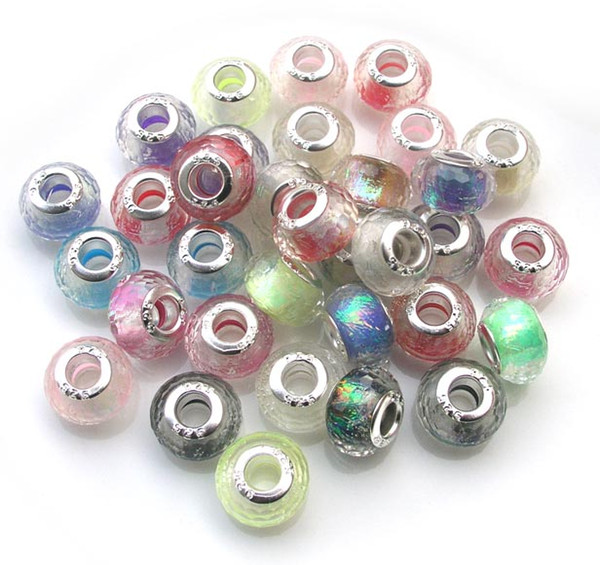 Brand New Good Quality and good color 100pcs Mix Colors 925 Core Resin Big Hole Loose Resin Beads fit European Jewelry DIY Bracelet Charms