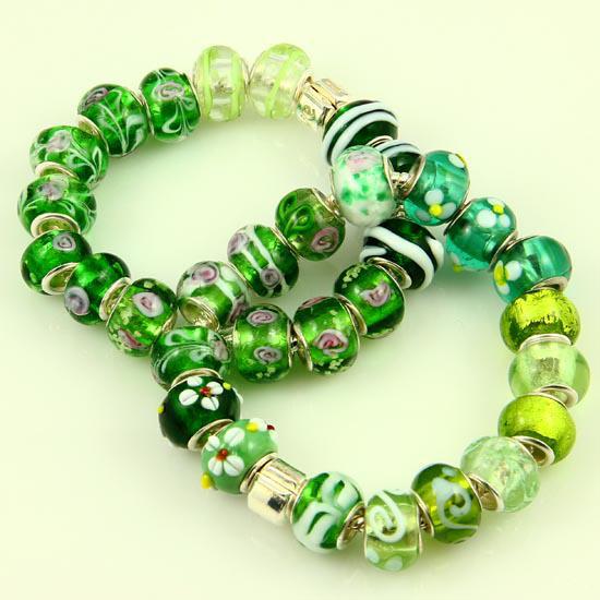 Green style Chamilia style murano lampwork glass beads with silver plated cores