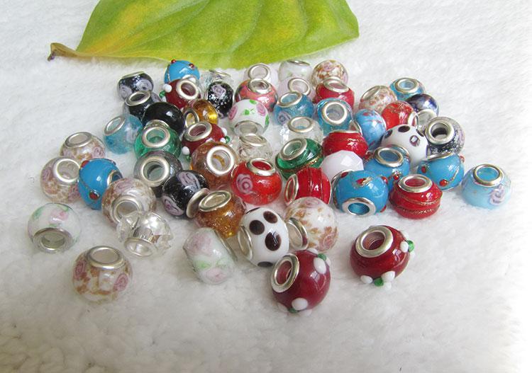 100 Pcs Mixed 925 Silver Core Murano Glass Lampwork beads fit Charms bracelets + 2 leather bracelet gift