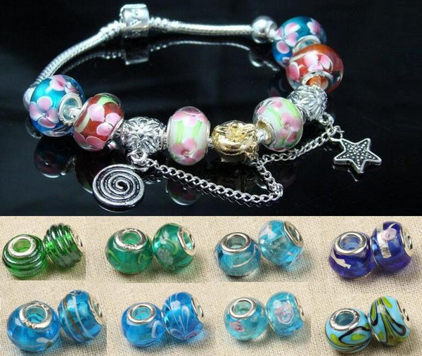 200pcs 925 marked silver glass Bead Charms Fit Pandora Bracelet mixed order 8 colors for choices