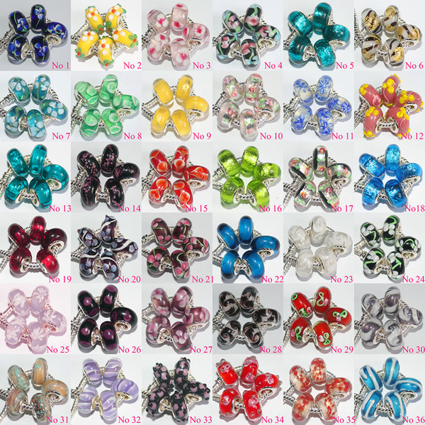 100 Pcs Mixed 925 Sterling Silver Murano Lampwork Glass Beads Charm Handmade Big Hole Loose Beads For Pandora European Bracelet Necklace Xma