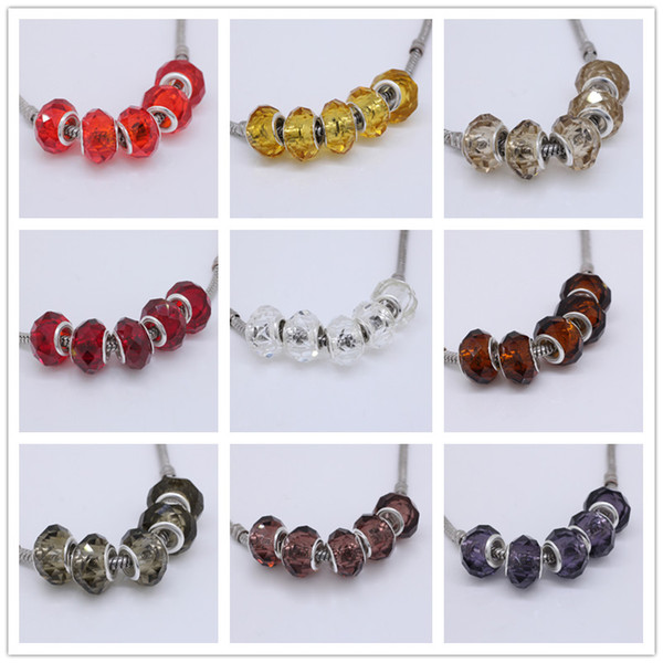 Wholesales 50pcs Clear Red Yellow Purple Murano Glass Crystal Faceted Rondelle Spacer Big Hole Charms Beads For European Jewelry Bracelet