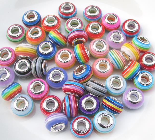 Brand New Good Quality 100pcs Mix Colors 925 Core Stripe Design Big Hole Loose Resin Beads fit European Pandora Jewelry DIY Bracelet Charms