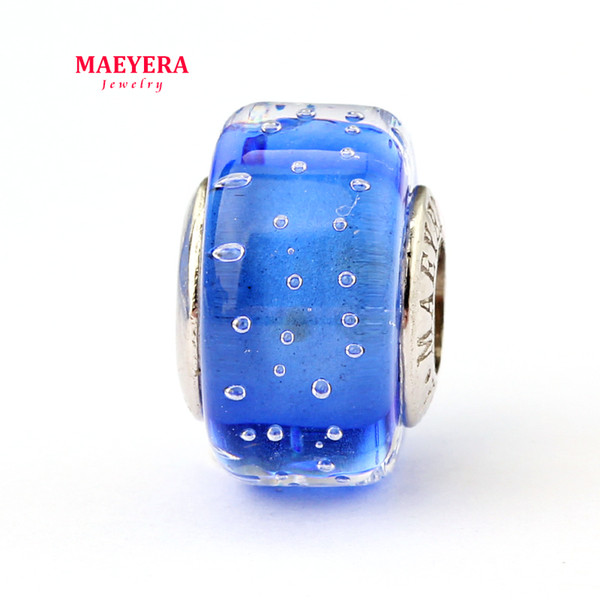 MAEYERA Authentic 925 Sterling Silver Lampwork Beads Blue Bubble Murano Glass Beads Fit European Charm Bracelet 920286