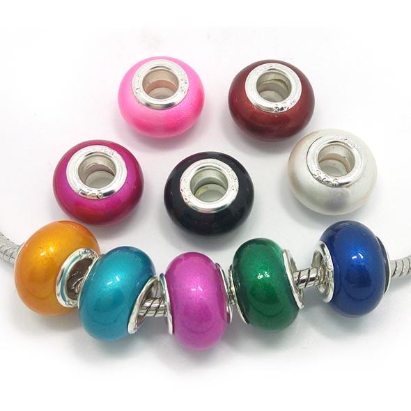 Brand New 100pcs Mix Colors Resin 925 stering core big hole loose beads fit European pandora jewelry Diy bracelet charms