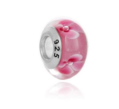 10 Pcs 925 Sterling Silver Pink Flower Murano Lampwork Glass Beads Charm Big Hole Loose Beads For Pandora European Bracelet Necklace