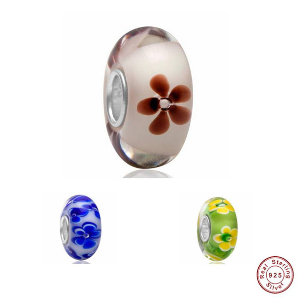 Haha Jewelry 2PCS Big Hole Flower Lampwork Murano Glass Charm 100% 925 Sterling Silver Core Loose Bead Gift for Pandora European Bracelet