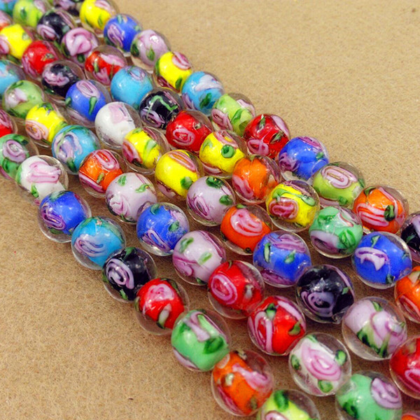 50pcs/lot 8mm 10mm Handmade Lampwork Beads For DIY Jewelry Making Round Loose Rose Flower Lampwork Beads Bracelet Accessories