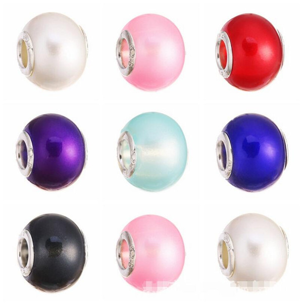 Mixed Colors 5mm silver Matted Pearl Murano big Hole Beads Slide Charms fit DIY Europe Bracelets necklaces XZ101