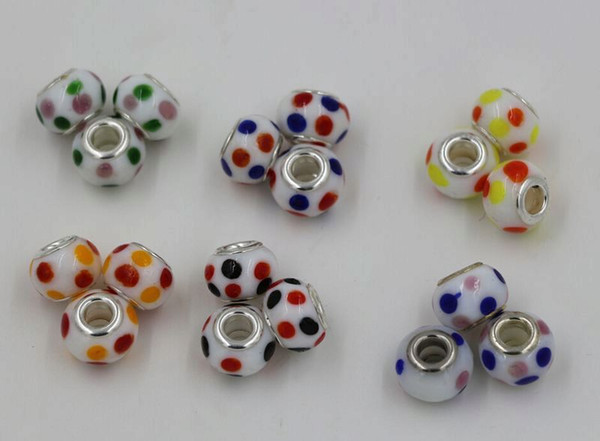 Hot Sell ! 100pcs 14mm 2 colors Round Point Lampwork Colored Glaze 5mm Big Hole Glass Beads Fit Charm Bracelet DIY Jewelry 6 style