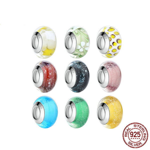 NEW 925 Sterling Silver Green Red Shimmer Gold Sand Murano Glass Beads Fits All European pandora Women DIY Bracelets Making