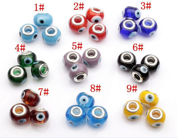 Hot Sell ! 100pcs 14mm Evil Eye Murano Lampwork Colored Glaze 5mm Big Hole Glass Beads Fit Charm Bracelet DIY Jewelry 9 Colors