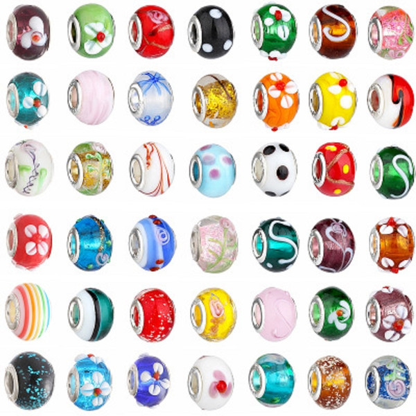 50PCS Mix Color Glass Beads Charms Pretty European Murano Glass Biagi Large Big Hole Rroll Beads Charm Fit For Bracelets Necklace DHL FREE