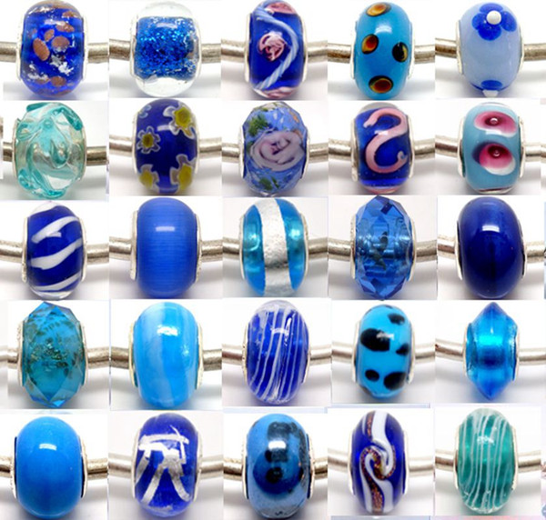 100pcs/Lot Blue Sivler core Murano Glass Beads for Jewelry Making Loose Lampwork Charms DIY Beads for European Bracelet Wholesale in Bulk