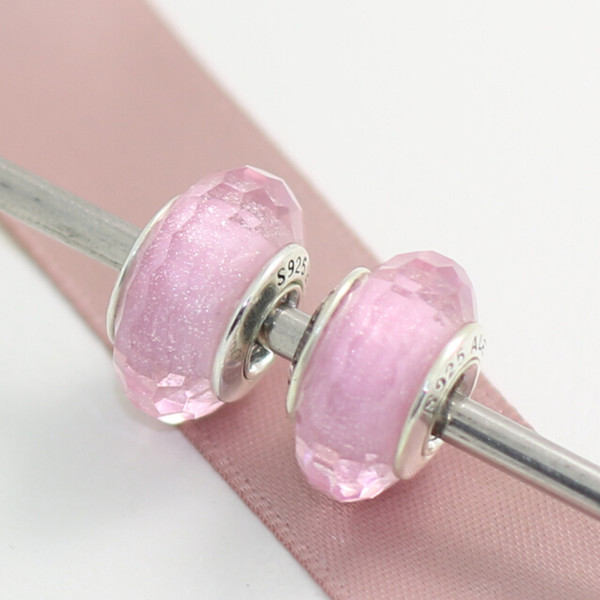 925 Sterling Silver Pink Faceted Murano Glass Charm Bead Fits European Pandora Jewelry Bracelets