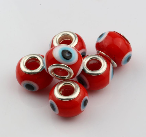 Hot ! 100pcs 14mm Evil Eye Murano red Color Colored Glaze 5mm Big Hole Glass Beads Fit Charm Bracelet DIY Jewelry