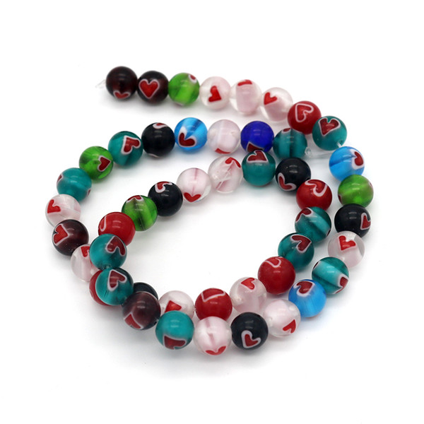 Free Shipping 8mm 48pcs round shape beads Mixed colours Round Heart Glass Lampwork Beads for Jewelry handmade decoration