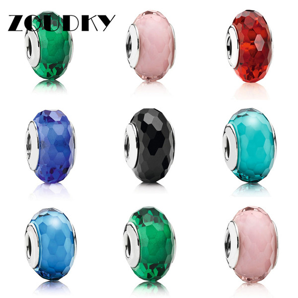 ZOUDKY Fashionable Personality Charms Pure 100% 925 Sterling Silver Large Cut Dark Green Glass Beads Female Jewelry Free Mail