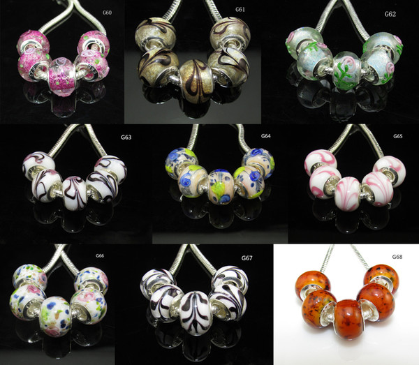 100pcs Lampwork Glass Beads Murano Bead Silver core European Fashion Large Hole Beads Fit PAN Bracelet