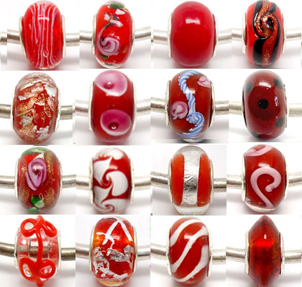 100pcs/Lot Red Sivler core Murano Glass Beads for Jewelry Making Loose Lampwork Charms DIY Beads for Bracelet Wholesale in Bulk Low Price