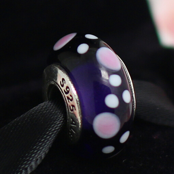 Handmade Lampwork 925 Sterling Silver Purple Murano Glass Charm Bead Fits European Pandora Jewelry Bracelets