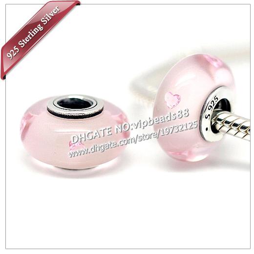 S925 Sterling Silver Fashion jewelry Pink heart effervescence Murano Glass Beads Fit European DIY pandora Charm Bracelets & Necklace