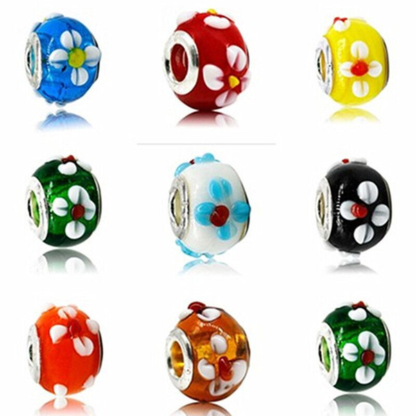 100pcs / Lot Fashion Round Flower Lampwork Glass Big hole Beads Fit European Charm Bracelet DIY Jewelry Gift GB01