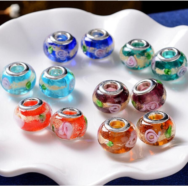 100pcs / Lot Fashion Round Foil Flower Lampwork Glass Big hole Beads Fit European Charm Bracelet DIY Jewelry Gift GB06