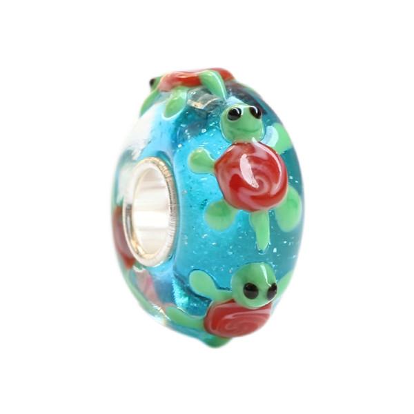 Cute Turtle in Blue Ocean Murano Glass Bead with 925 Sterling Silver Tube