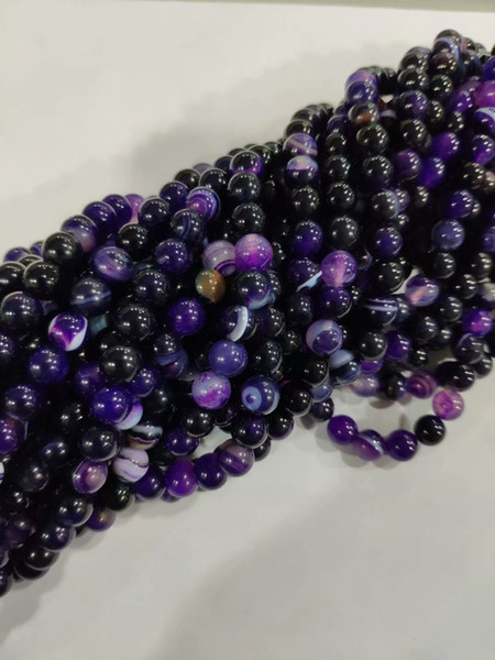 8MM Natural Purple Stripe Agate Onyx Round Gemstone DIY Loose Beads 15