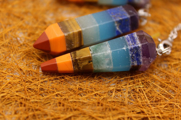 Natural crystal pendant 2016 Colorful Chakra cone pendulum pendant necklace hexagonal column