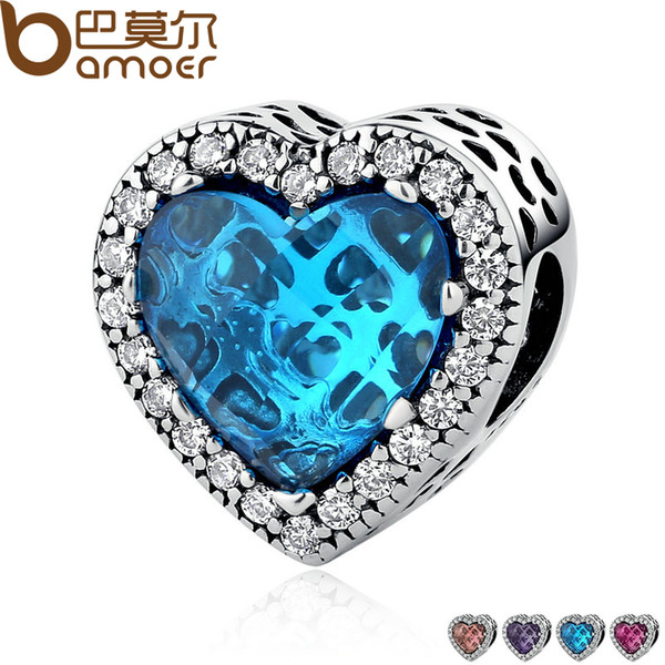 BAMOER 925 Sterling Silver Jewelry Radiant Hearts Beads Charms Fit Bracelets Women 4 Color Stone Valentine's Day Gift PSC054