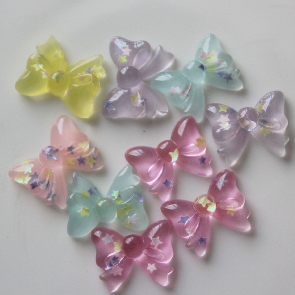 10PCS Clear Bow Resin Cabochons Glitter Confetti Kawaii Cabochon Flatback Phone Case Hair Ring DIY Decoden