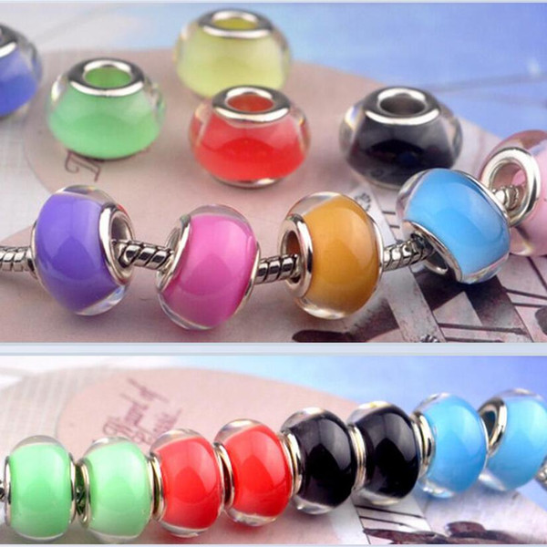 50PCS/Lot Fashion Round Fluorescence Pure Color Design Resin Charms Silver core European Big Hole Dot Beads for Jewelry Making Low Price