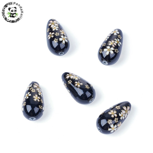 wholesale 10pcs 21.5x11mm Printed Resin Beads, Black Flower Pattern Drop Beads For Jewelry Making DIY Findings Hole: 2mm